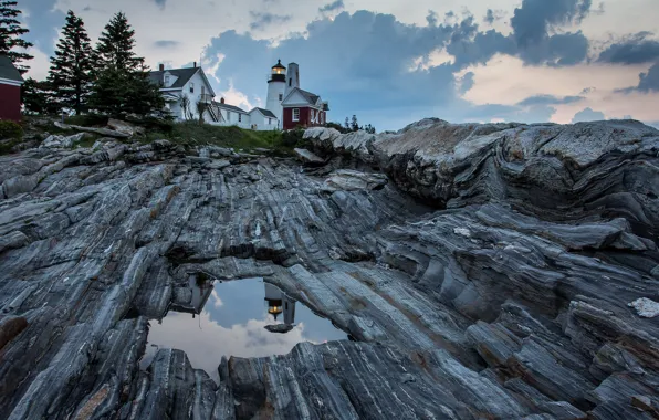 Picture the sky, clouds, reflection, rocks, lighthouse, home, puddles, USA, United States, state, Maine, Bay of …