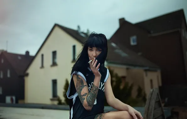 Picture street, tattoo, cigarette, dark-haired girl