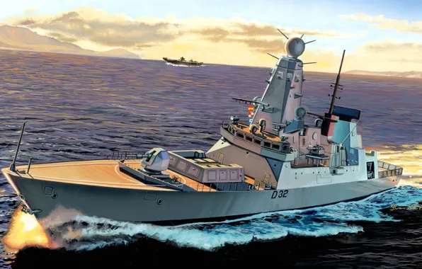 Picture sea, shore, figure, ship, room, combat, squadron, destroyer, side, D32. The Royal Navy, «HMS Daring»