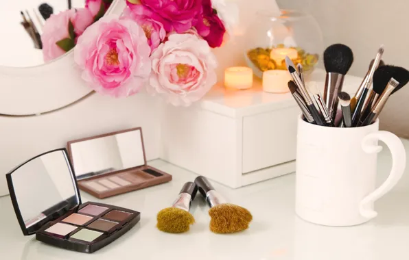 Picture flowers, makeup, mirror, shadows, brush, cosmetics