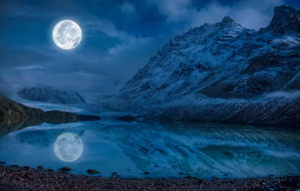 Picture the sky, water, clouds, snow, mountains, night, lake, reflection, stones, the moon