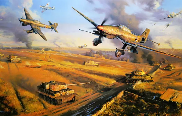 Picture ice, war, art, army, painting, cold, drawing, ww2, dogfight, german aircraft, russian fighter, tank, tiger …