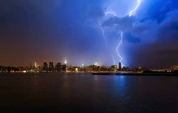 Picture the storm, water, clouds, night, the city, lights, the ocean, lightning, skyscrapers, NYC, new York, …
