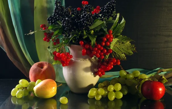 Picture berries, apples, Apple, grapes, vase, fruit, still life, peach