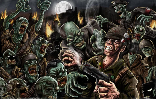 Picture gun, fire, the moon, soldiers, zombies, zombies, the living dead, cigarette