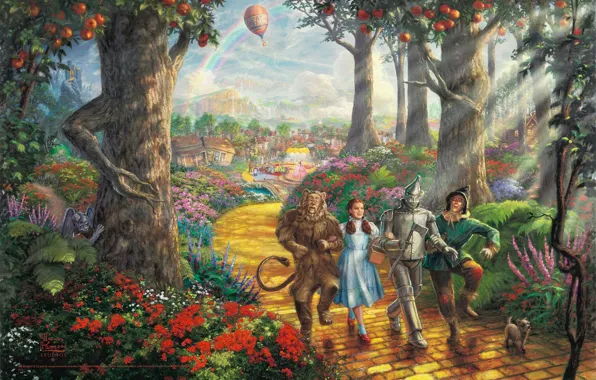 Picture road, forest, trees, balloon, the film, cartoon, rainbow, fruit, fantasy, painting, dog, characters, Thomas Kinkade, …