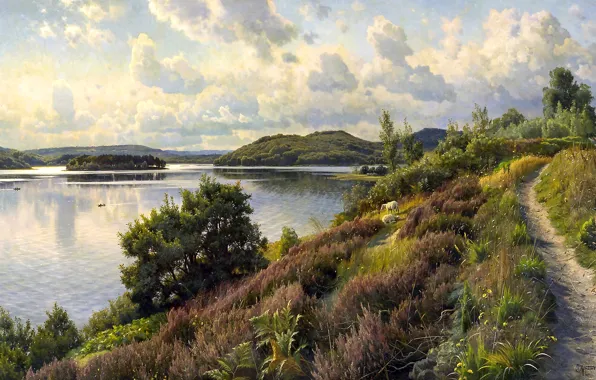 Picture the sky, trees, landscape, clouds, river, hills, sheep, picture, path, Peder Monsted