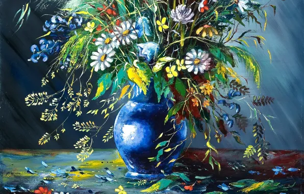 Picture flowers, picture, petals, vase, painting, crumble
