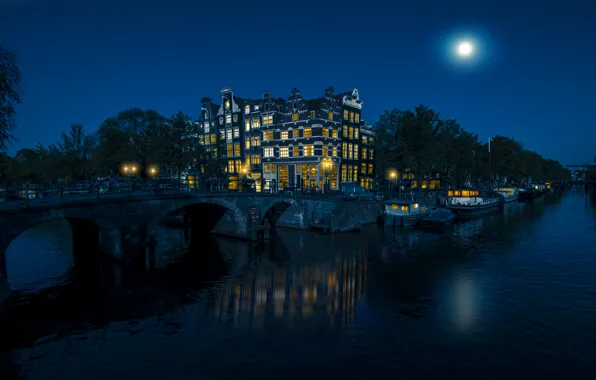 Picture the sky, trees, night, bridge, lights, river, the moon, home, Amsterdam, Netherlands, boats, water