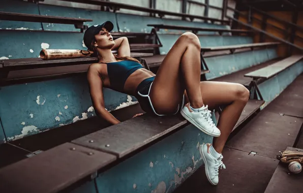 Picture girl, pose, sport, shorts, baseball, figure, cap, the ball, athlete, bra, benches, glove, sneakers, stadium, …