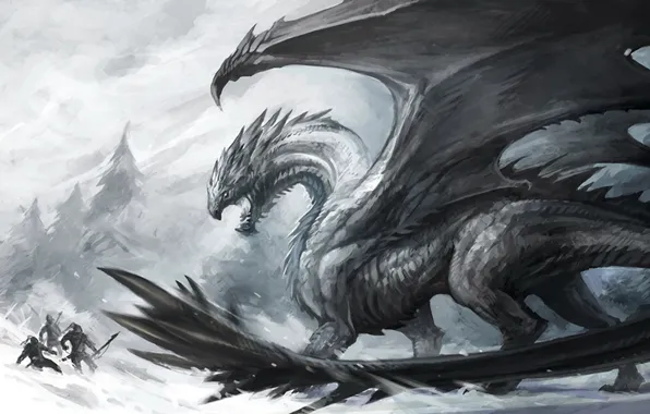 Picture ice, snow, people, dragon, battle