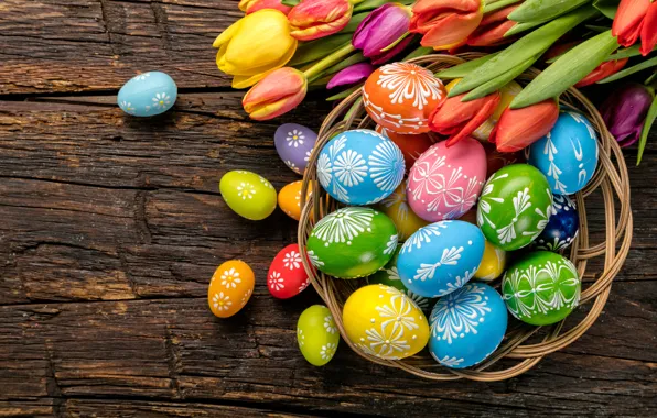 Picture eggs, colorful, Easter, tulips, happy, wood, flowers, tulips, spring, Easter, eggs, holiday