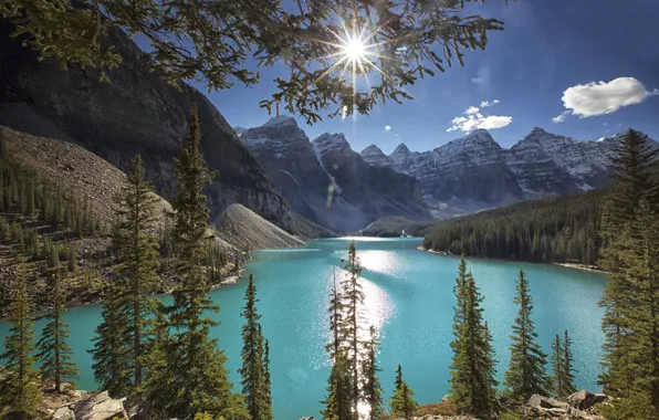 Picture forest, the sky, the sun, clouds, trees, mountains, lake, rocks, Canada, Alberta, Moraine Lake
