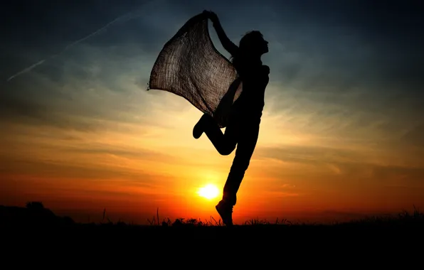 Picture girl, sunset, jump, silhouette