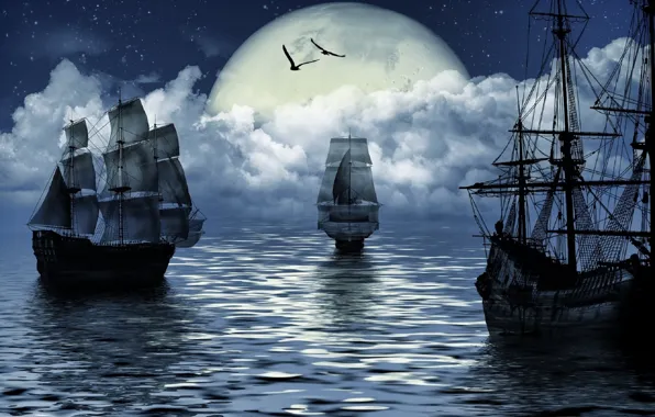 Picture sea, fantasy, the moon, ship, moon, fantasy, sea, ship, sailing, sailing