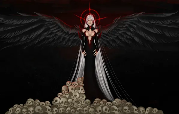 Picture look, face, background, hair, angel, dress, art, skull, black wings