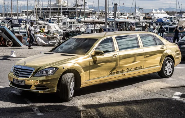 Picture background, Mercedes-Benz, yachts, Mercedes, gold, the front, limousine, spec.version, Pullman, S-Class, Festival de Cannes