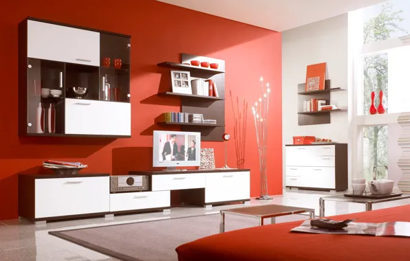 Wallpaper red, bright, design, style, room, interior, apartment ...