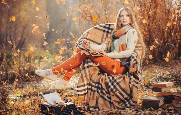 Picture autumn, girl, nature, books, chair, plaid, machine, falling leaves, the manuscript