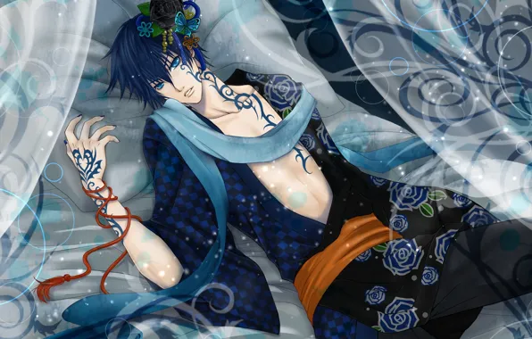 Picture curls, tattoo, bed, tattoo, guy, kimono, vocaloid, kaito, red cord