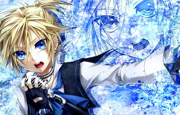 Picture art, microphone, guy, vocaloid, earrings, Vocaloid, sings, kagamine len, ueno tsuki