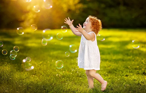 Picture greens, summer, grass, joy, happiness, childhood, emotions, dress, bubbles, girl, curls