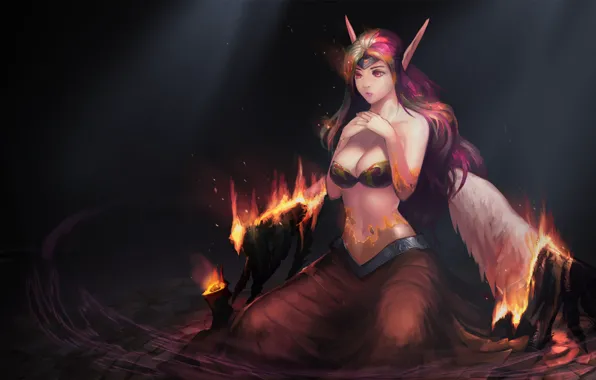 Picture girl, fire, wings, the demon, art, League of Legends, Morgana