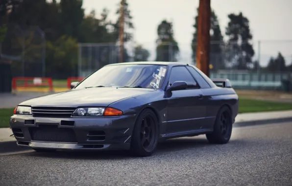 Picture road, grey, background, nissan, skyline, tuning, r32