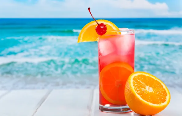 Picture ice, sea, summer, cherry, background, orange, cocktail, citrus, drink