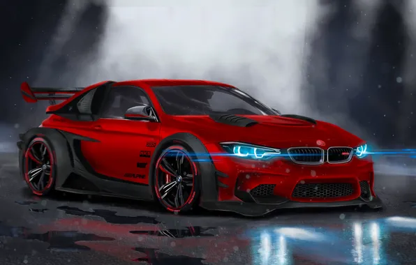 Picture BMW, Red, Car, Front, Neon, Sport, Customs