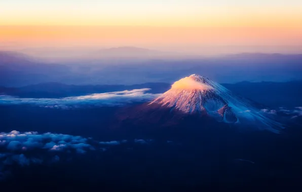 Picture clouds, mountain, Japan, Fuji, valley