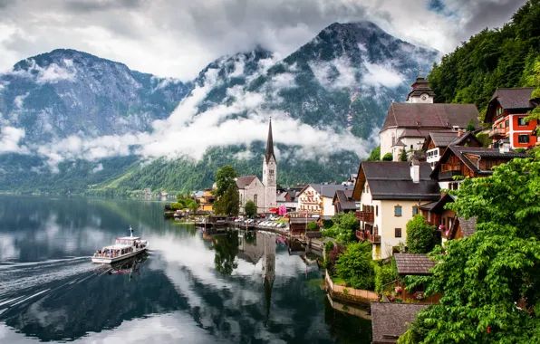 Picture clouds, mountains, nature, the city, lake, home, Austria, Church, Austria, Hallstatt, Salzkammergut, Hallstatt