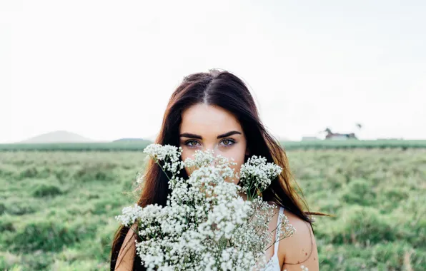Picture field, the sky, look, girl, flowers, portrait, makeup, brunette, hairstyle, bokeh