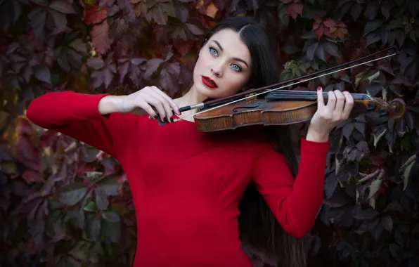 Picture autumn, girl, violin, makeup, in red, Autumn sonata