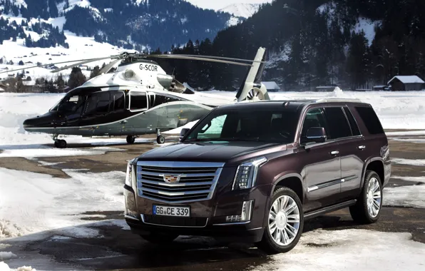 Picture snow, mountains, Cadillac, helicopter, Escalade, Cadillac, 2015, EU-spec, Escalade