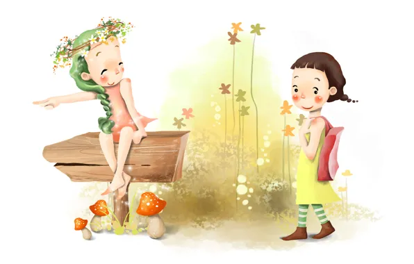 Picture summer, flowers, girls, figure, mushrooms, braid, wreath, smile, satchel