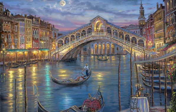 Picture flowers, night, bridge, the moon, romance, candles, Italy, Venice, channel, painting, Robert Finale, table, the …