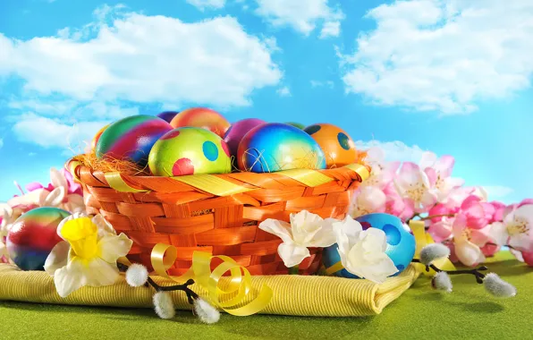 Picture flowers, eggs, spring, colorful, Easter, happy, wood, flowers, spring, Easter, eggs, holiday