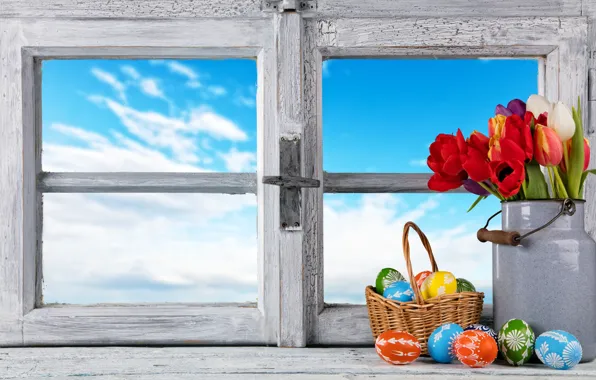 Picture flowers, eggs, spring, window, Easter, tulips, flowers, tulips, spring, Easter, eggs, decoration, Happy