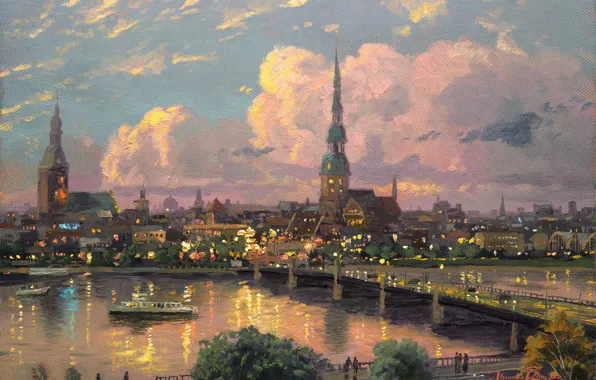Picture sunset, bridge, the city, river, area, Europe, old, painting, spire, medieval, great, Thomas Kinkade, painting, …