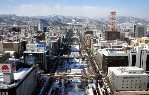 Picture winter, snow, mountains, street, building, Japan