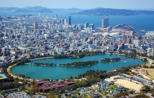 Picture sea, lake, coast, home, Japan, panorama, megapolis, the view from the top, Fukuoka