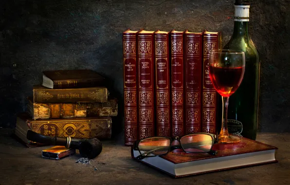 Picture glass, books, bottle, tube, glasses, A relaxing evening