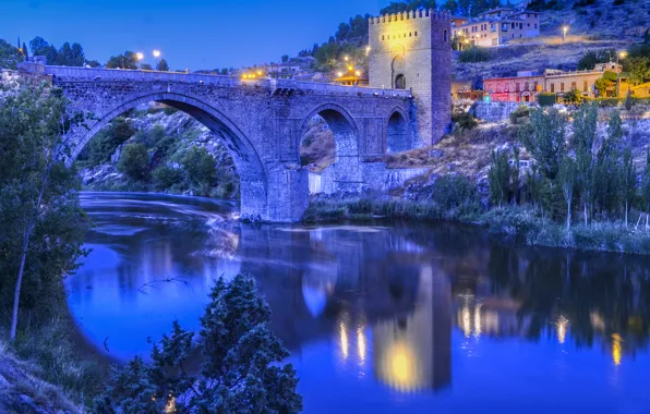 Picture the sky, bridge, lights, river, tower, home, the evening, slope, Spain, Toledo, Toledo, Bridge of …
