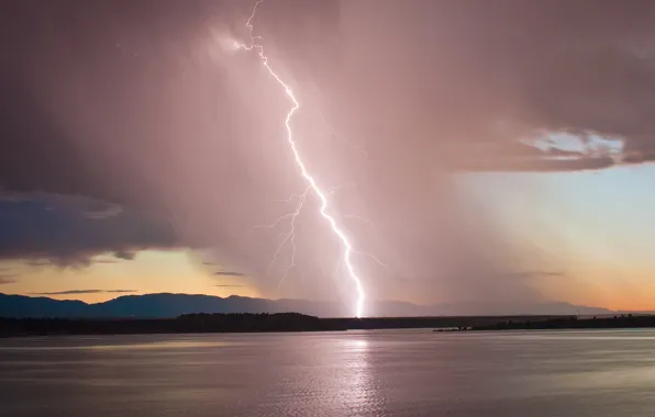 Picture the storm, the sky, sunset, lake, lightning, the evening, Colorado, USA, USA, storm, sky, lightning, …