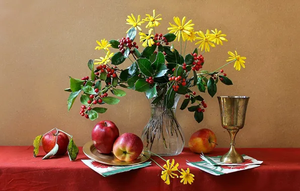Picture flowers, apples, vase, fruit, still life, Cup