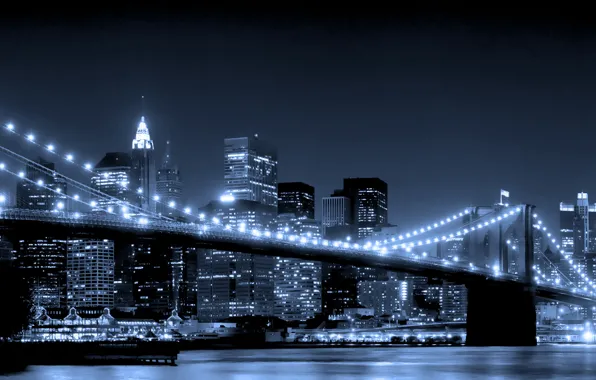 Picture water, night, bridge, city, the city, lights, skyscrapers, new york, Brooklyn Bridge