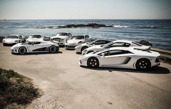 Picture Maserati, Mercedes-Benz, Lamborghini, Porsche, Rolls-Royce, Phantom, Koenigsegg, Panamera, Ferrari, Sky, 458, Sun, Water, Murcielago, White, …