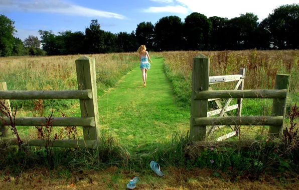Picture field, grass, girl, fence, running, Slippers
