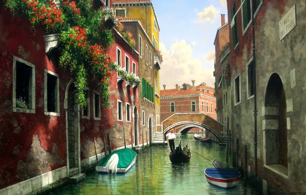 Picture water, flowers, bridge, Windows, home, picture, boats, Italy, Venice, channel, gondola, balconies, Mark Pettit